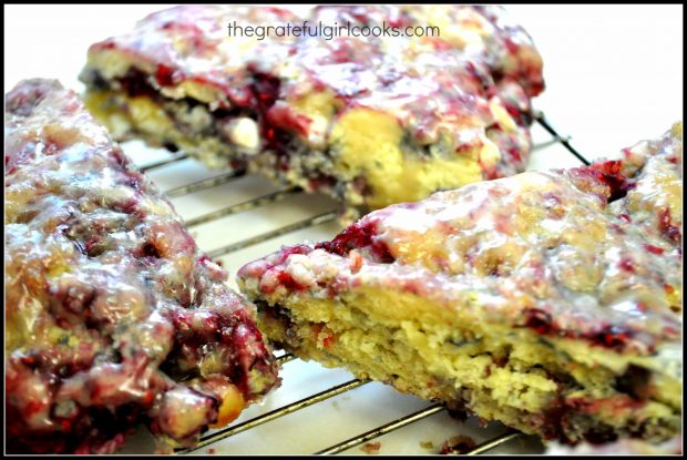 A few of the white chocolate raspberry scones, glazed and ready to eat!