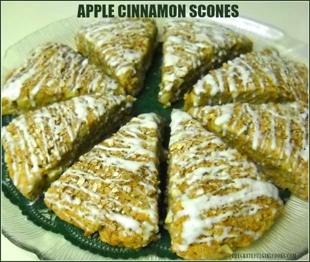 Apple Cinnamon Scones are filled with chopped fresh apples, and topped with a cinnamon/oat topping, in this easy to make, scrumptious breakfast treat!