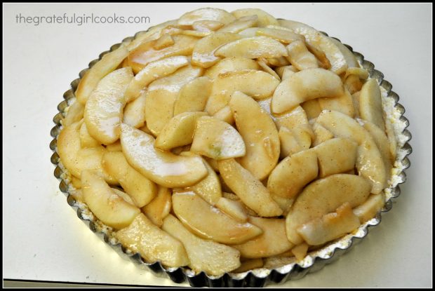 Apple slices arranged in metal tart pan