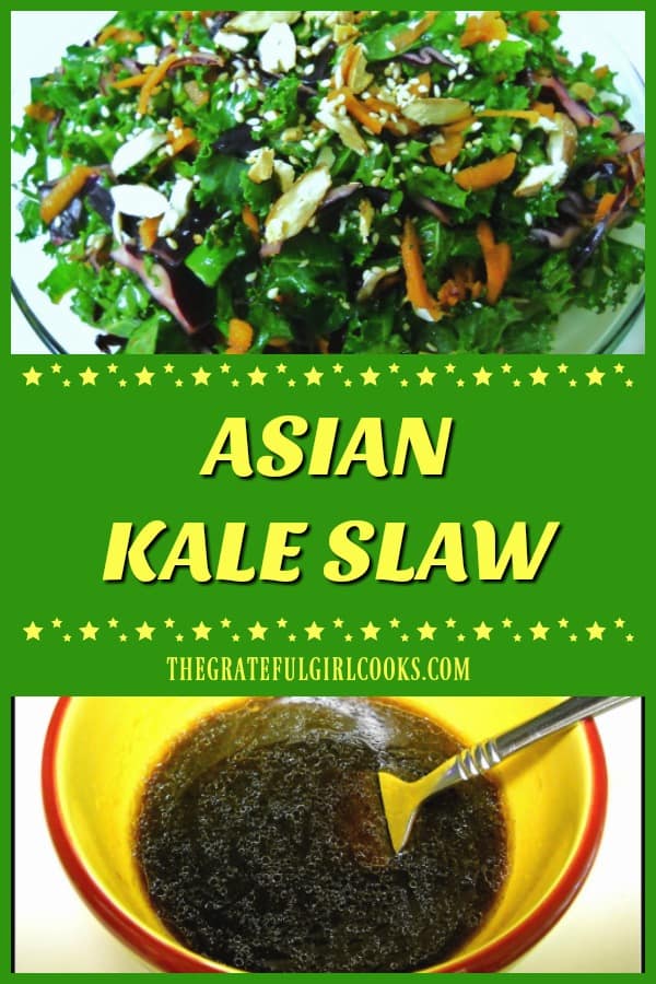 Asian kale slaw is a delicious, healthy side dish with kale, cabbage, carrots, green onions and almonds, in a fantastic Asian inspired sauce!