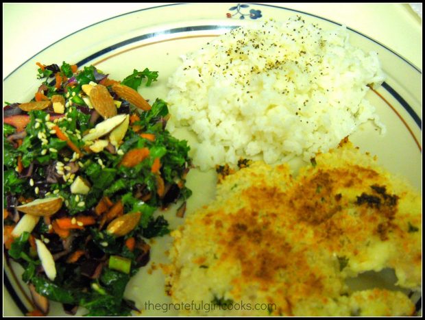 The slaw on dinner plate, served with chicken and potatoes.