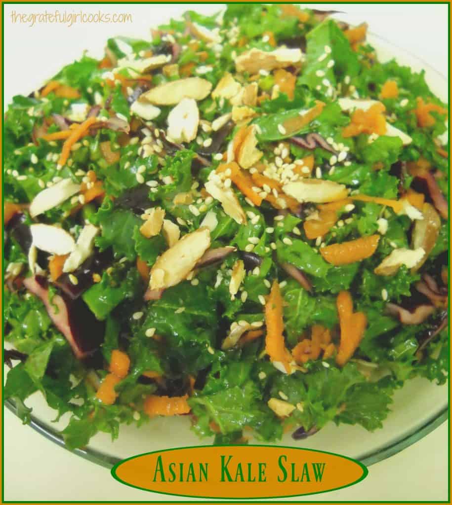 Asian Kale Slaw / The Grateful Girl Cooks! Super food kale salad featuring an Asian dressing, almonds, purple cabbage, almonds, etc. Delicious! Asian Kale Slaw / The Grateful Girl Cooks!