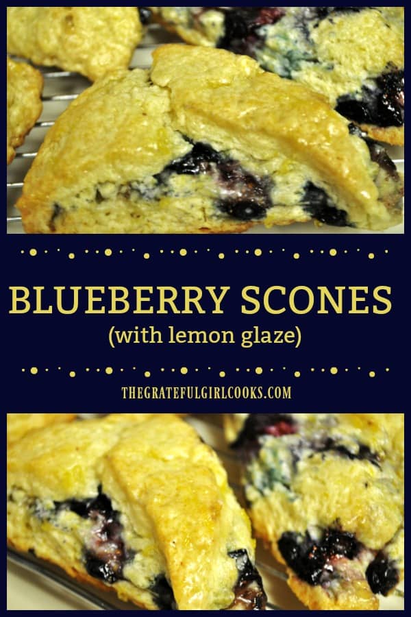 Blueberry scones, studded with plump juicy blueberries, and topped with a tangy sweet lemon glaze, are sure to be a hit for breakfast or snack time!