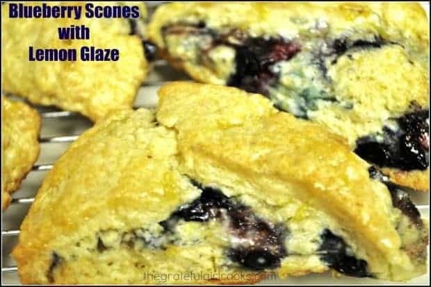 Blueberry scones, studded with plump juicy blueberries, and topped with a tangy sweet lemon glaze, are sure to be a hit for breakfast or snack time!