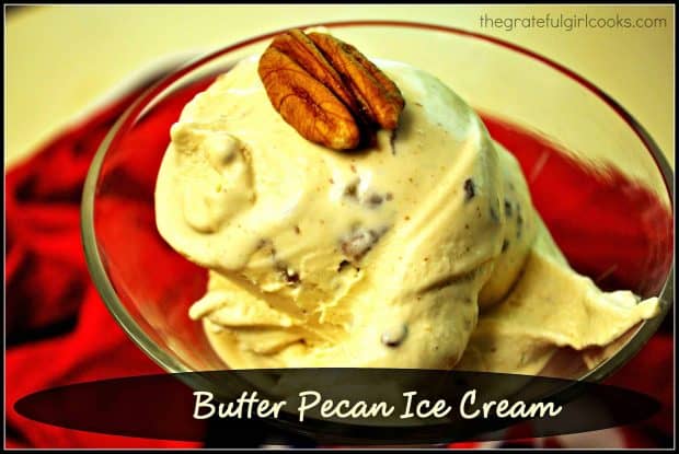 Homemade Butter Pecan Ice Cream, with pan-toasted buttery pecans, is a perfectly cool, delicious dessert for a hot, Summer evening!