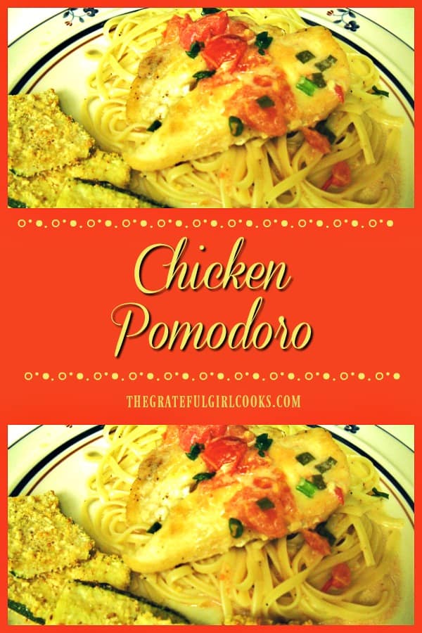 Chicken Pomodoro is an easy 30 minute Italian meal, with pan-seared chicken cutlets in a simple tomato/cream sauce, served over linguine or fettucine.