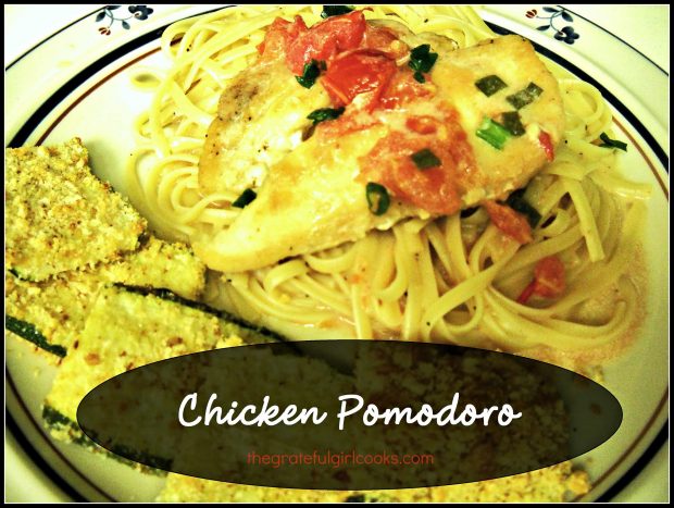 Chicken Pomodoro is an easy 30 minute Italian meal, with pan-seared chicken cutlets in a simple tomato/cream sauce, served over linguine or fettucine.