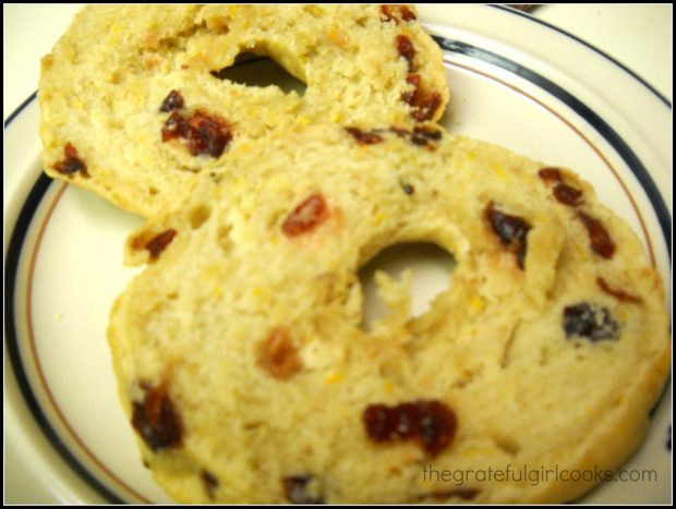 The inside of a cranberry orange bagel.