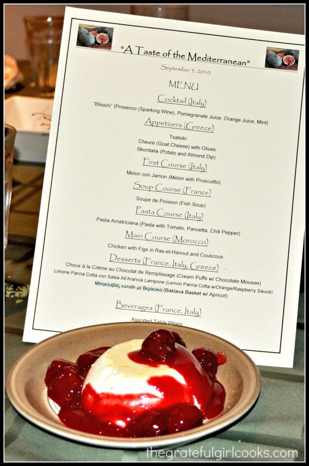 Lemon Panna Cotta, with a menu for our themed dinner.