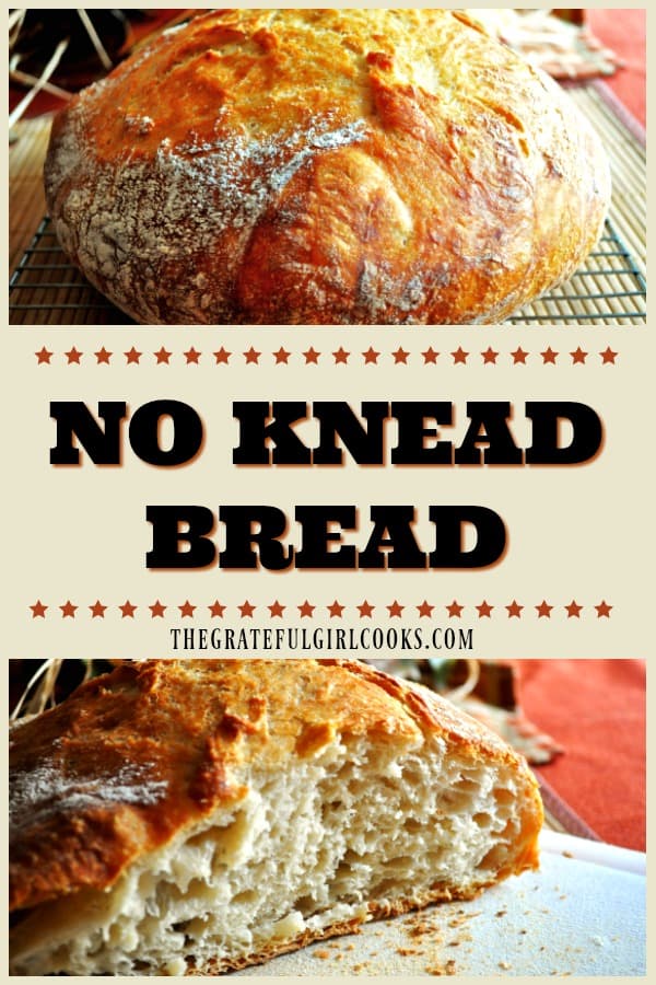 No Knead Bread is an artisan loaf of bread, delicious, "crisp on the outside, chewy on the inside", with no kneading or too much effort needed to make it.