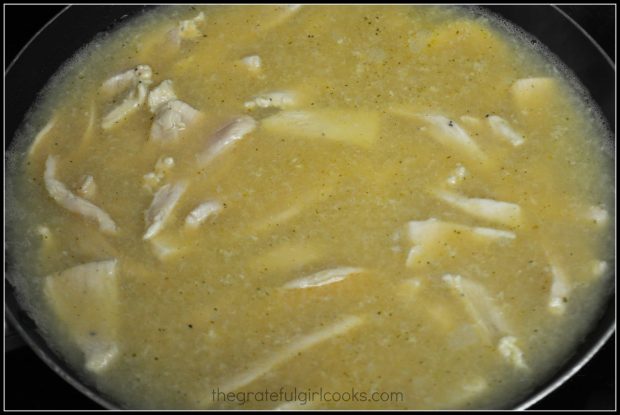 Cooking boneless chicken breast slices in broth, for P.F. Chang's ginger chicken.