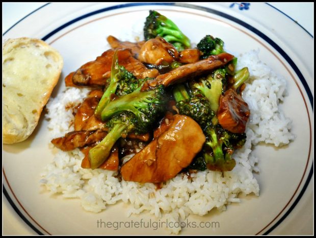 P.F. Chang's Ginger chicken and broccoli are served on top of white rice.