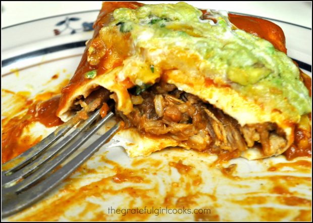A look at the inside of shredded pork smothered burritos! YUM.