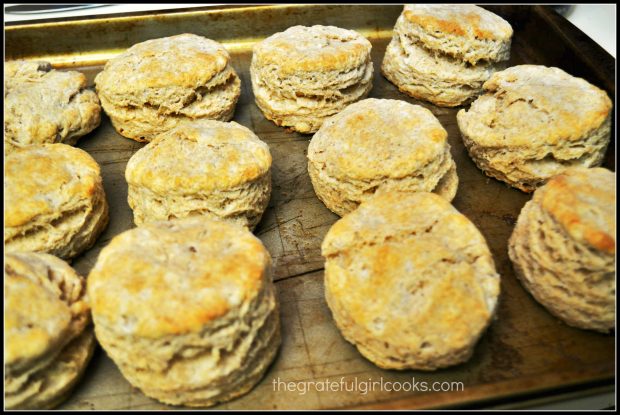 Baked biscuits on a baking sheet.