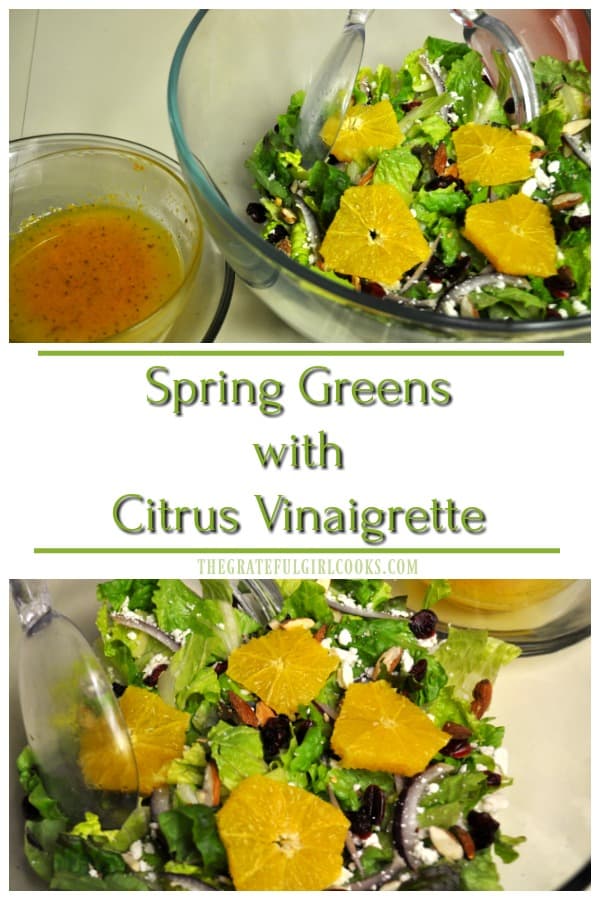 You will enjoy this light and refreshing spring greens salad, with oranges, cranberries and feta, and a citrus vinaigrette dressing!