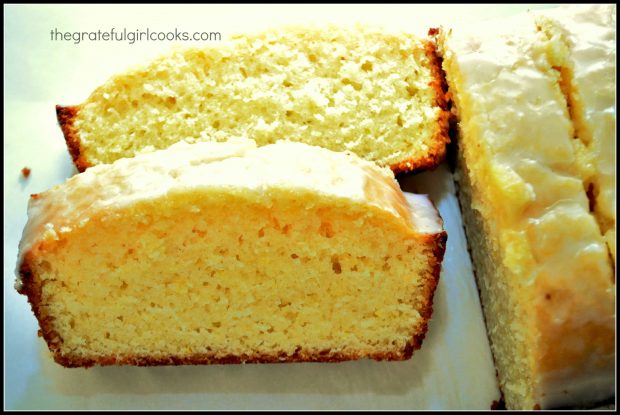 Slices of Starbucks lemon loaf, with glazed lemon icing on top.