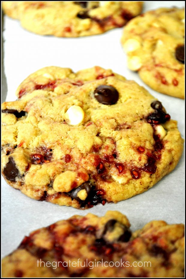 Some of the finished white chocolate raspberry cookies, ready to eat!