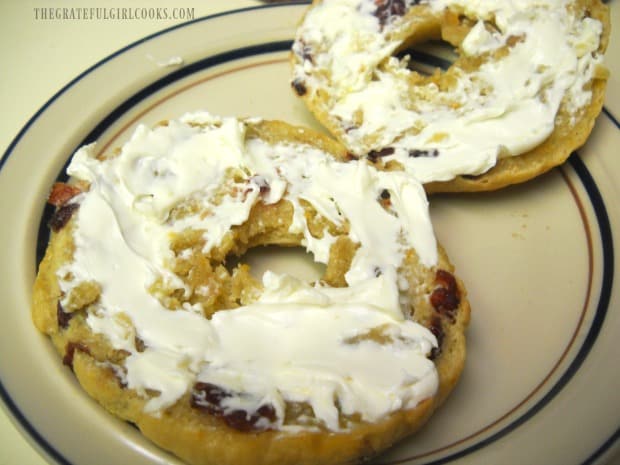Cranberry orange bagels, with cream cheese on top!