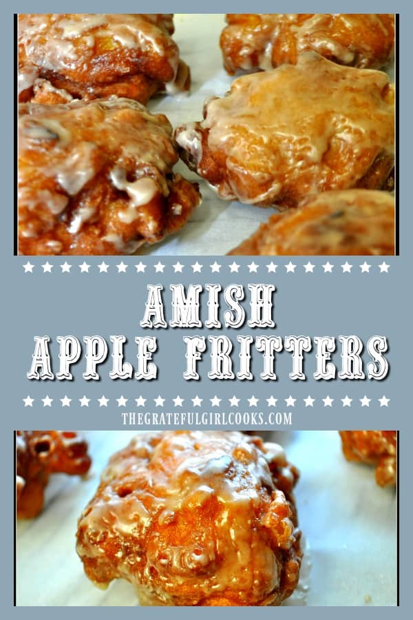 Amish Apple Fritters are delicious fried doughnuts, made easily from scratch with a simple batter and fresh apple chunks, cinnamon, and a sweet glaze.