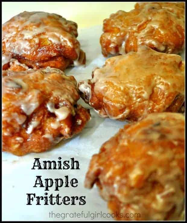 Amish Apple Fritters are delicious crunchy fried doughnuts made from scratch with fresh apple chunks and cinnamon, and covered with a sweet glaze.
