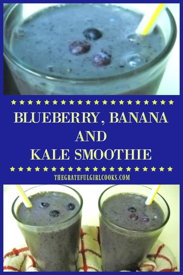 A healthy blueberry banana kale smoothie, with strawberries, almond milk and flaxseed is a delicious cold beverage treat for breakfast or any time of day!