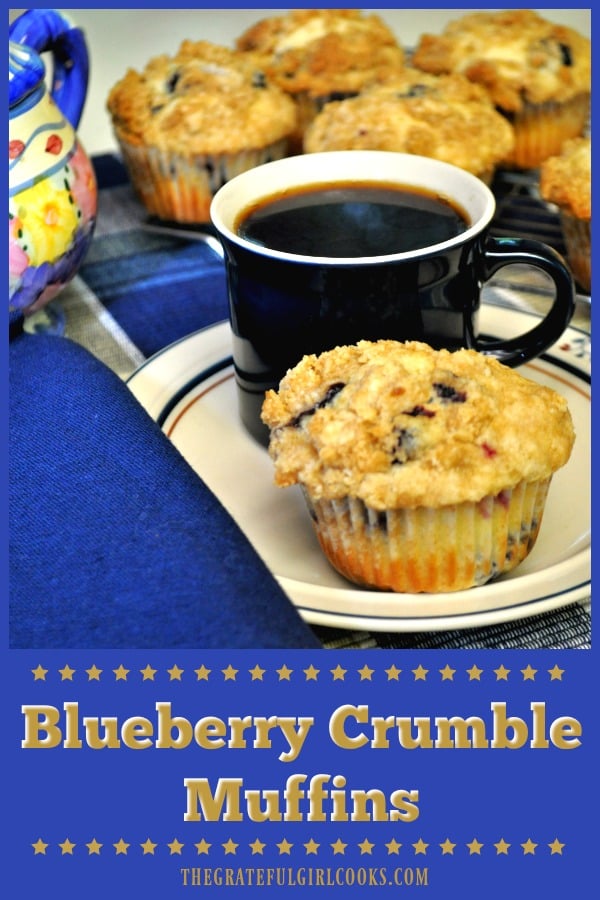 Blueberry crumble muffins are delicious breakfast treats, packed with blueberries (fresh or frozen) and a streusel topping! Perfect "on the go" breakfast!