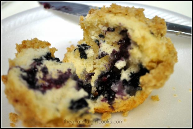 See all the blueberries inside the blueberry crumble muffin?