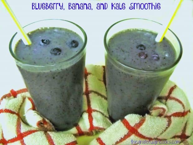 A healthy blueberry banana kale smoothie, with strawberries, almond milk and flaxseed is a delicious cold beverage treat for breakfast or any time of day!