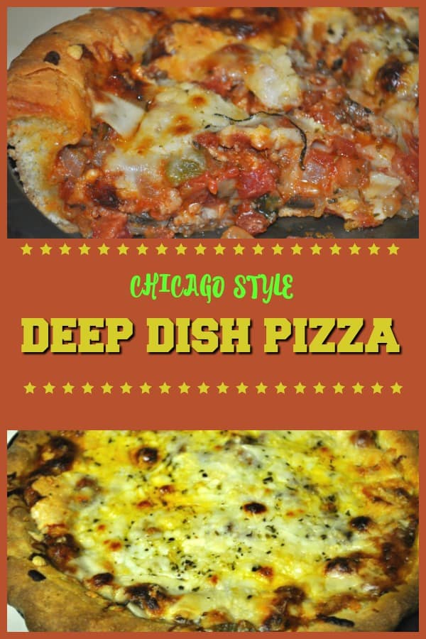 Make a delicious Chicago-style deep dish pizza from scratch, with 3 cheeses, sausage, pepperoni, tomatoes, green peppers and mushrooms.