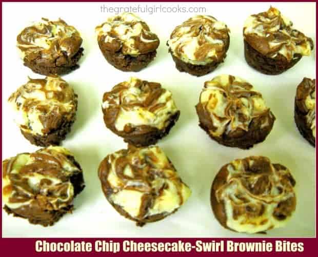 Chocolate Chip Brownie Bites are absolutely decadent, bite-sized treats, overflowing with chocolate chips and cheesecake swirl filling.