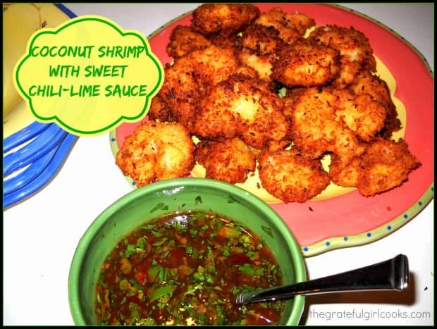 Crunchy Coconut Shrimp, are battered, fried large shrimp, served with a sweet chili-lime dipping sauce! They're a delicious main course or appetizer!