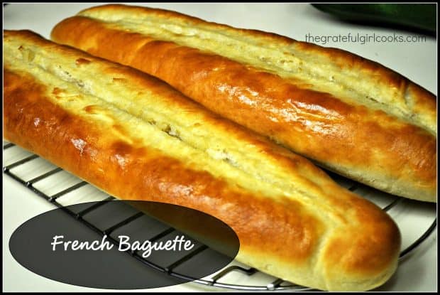 Nothing beats the smell of homemade, freshly baked bread! Enjoy a slice of a French Baguette, served warm with butter! Recipe makes 2 loaves.