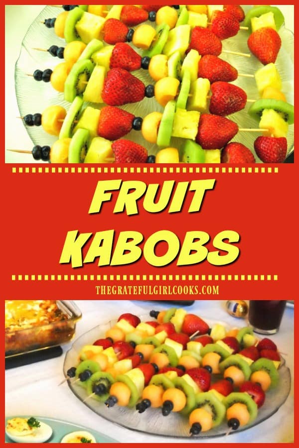 Asked to bring fruit to a brunch or potluck? Why not bring fresh FRUIT KABOBS! Colorful fruit cubes on skewers are portable, delicious, and EASY! 