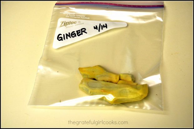 Pieces of ginger are easily frozen in plastic resealable bags.