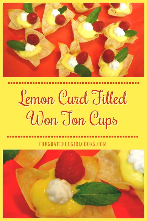 These tasty dessert bites, featuring filled lemon curd won ton cups, garnished with whipped cream, mint and a raspberry, will be a big hit!