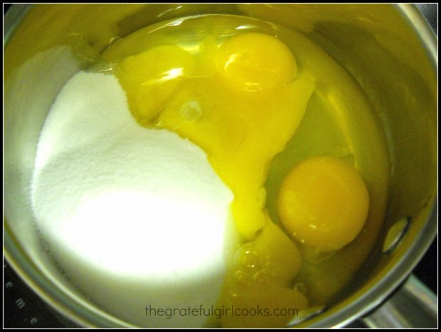 Eggs and sugar in pan to make lemon curd