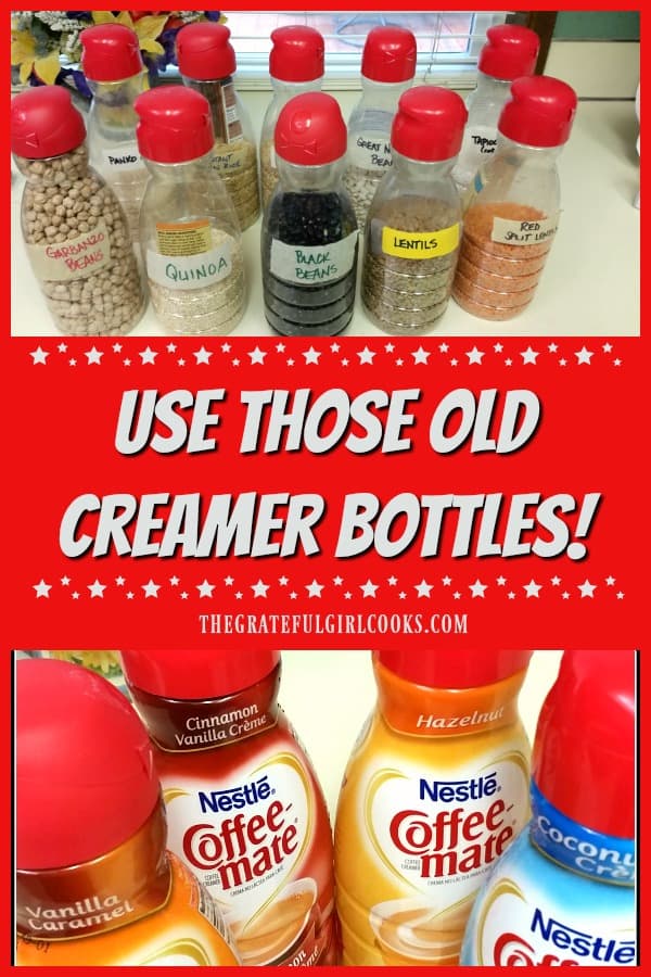 Drink coffee with creamer? Here's a great tip on how to use those old creamer bottles! Re-use them as storage for beans, rice, bread crumbs, etc.!