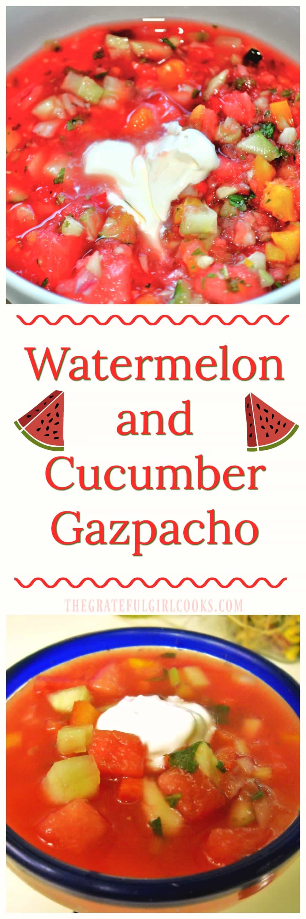 Watermelon and Cucumber Gazpacho / The Grateful Girl Cooks! This chilled soup is incredible! Fresh and healthy ingredients, too!!! Watermelon and Cucumber Gazpacho / The Grateful Girl Cooks! This chilled soup is incredible! Fresh and healthy ingredients, too!!!
