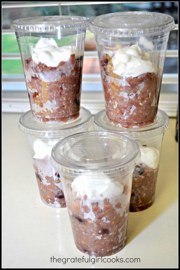 Containers of apple cinnamon steel cut oats with yogurt make a "to go" quick breakfast!