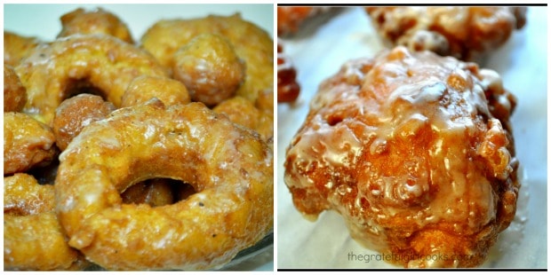 Collage of glazed pumpkin buttermilk doughnuts (L) and Amish apple fritters (R).