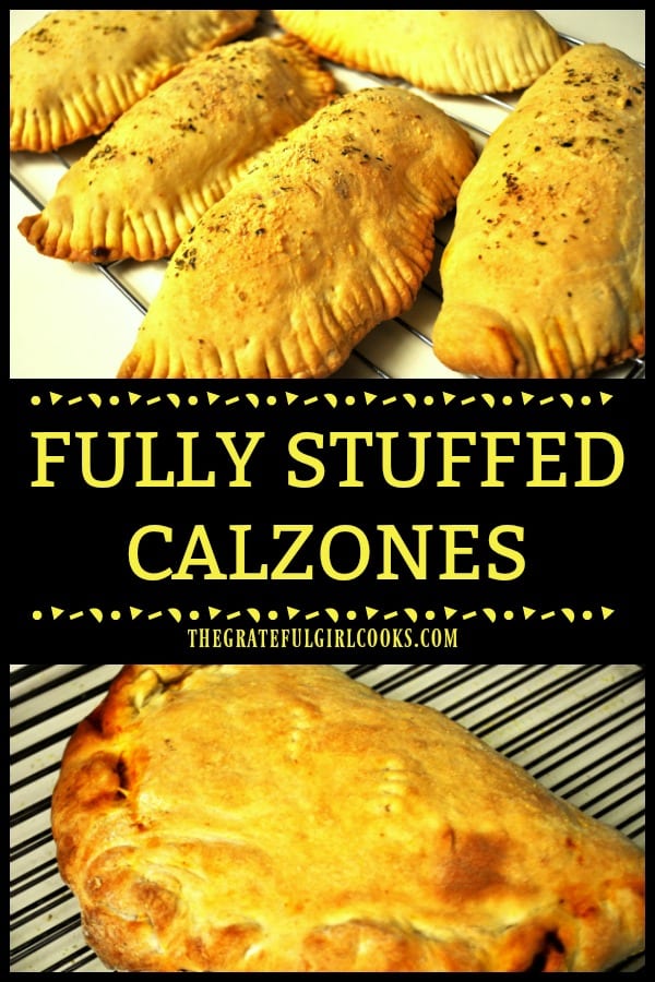 Fully stuffed calzones are yummy baked "Italian hand pies", filled with Italian sausage, pepperoni, green peppers, mushrooms, mozzarella cheese, etc.