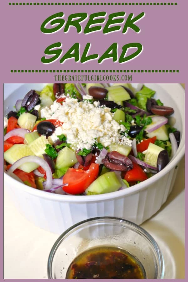 You will love the flavors in this traditional Greek salad, with romaine, kalamata olives, feta cheese, red onions and tomatoes, in a homemade salad dressing!