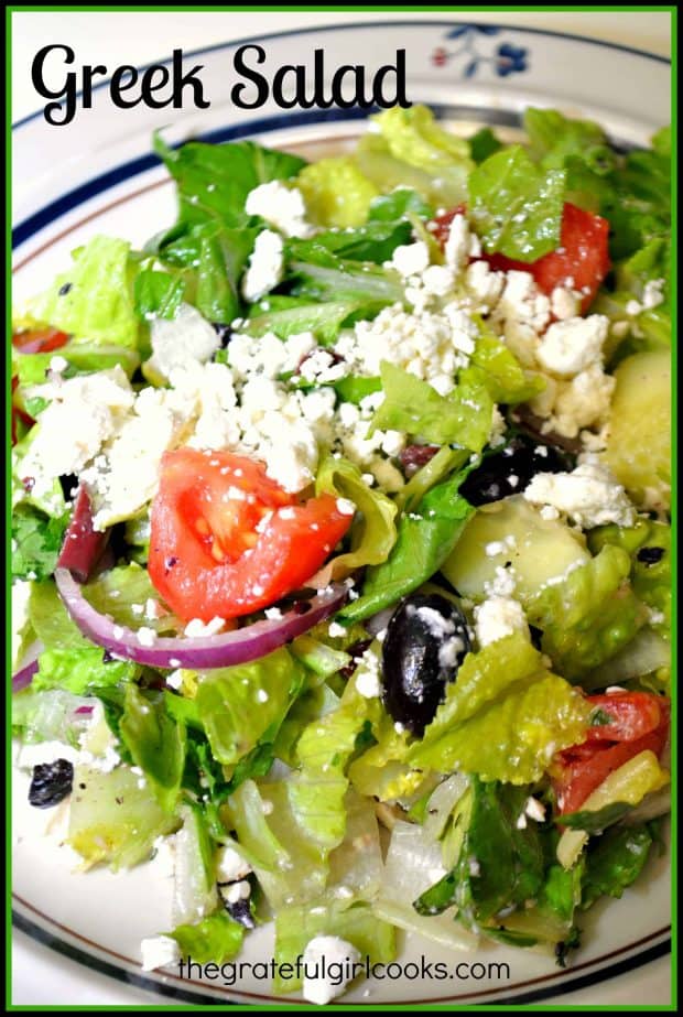 You will love the flavors in this traditional Greek salad, with romaine, kalamata olives, feta cheese, red onions and tomatoes, in a homemade salad dressing!