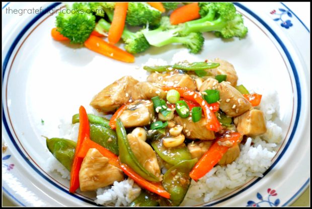 Healthy Kung Pao Chicken can be served on a bed of steamed rice.