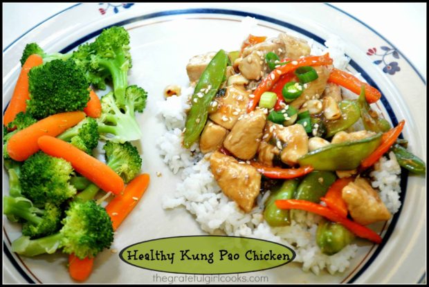 Healthy Kung Pao Chicken is easy to make, and low in calories, with snow peas, fresh ginger, red bell peppers, green onions, and dry roasted peanuts.