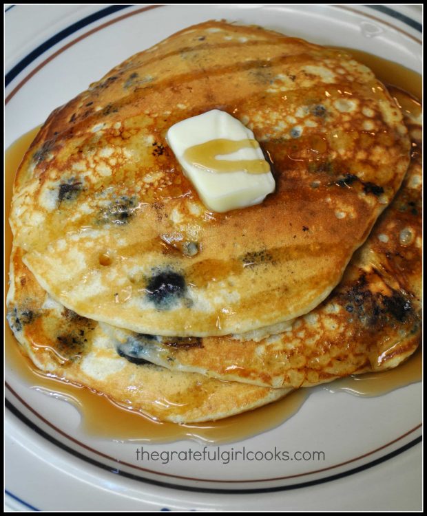 Blueberry pancakes, topped with butter and maple syrup!