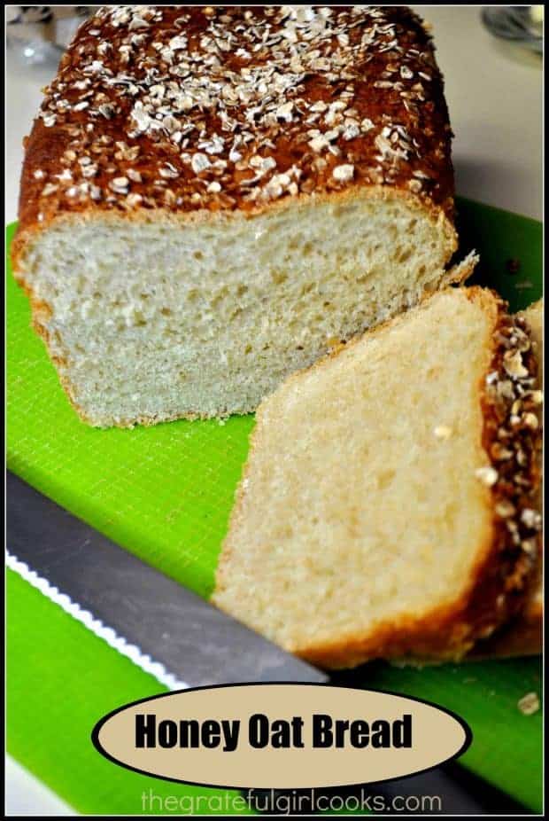 Honey Oat Bread is easy to make from scratch, without a bread machine! It's a delicious loaf of bread topped with honey & oats- great for toast or sandwiches!