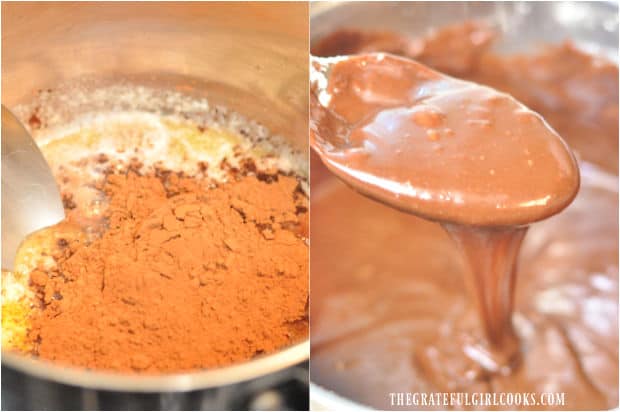 Cocoa powder/ other ingredients are mixed with melted butter to make chocolate frosting.