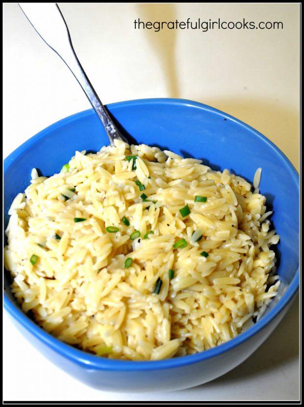 Orzo With Parmesan is served hot, in a blue serving bowl.