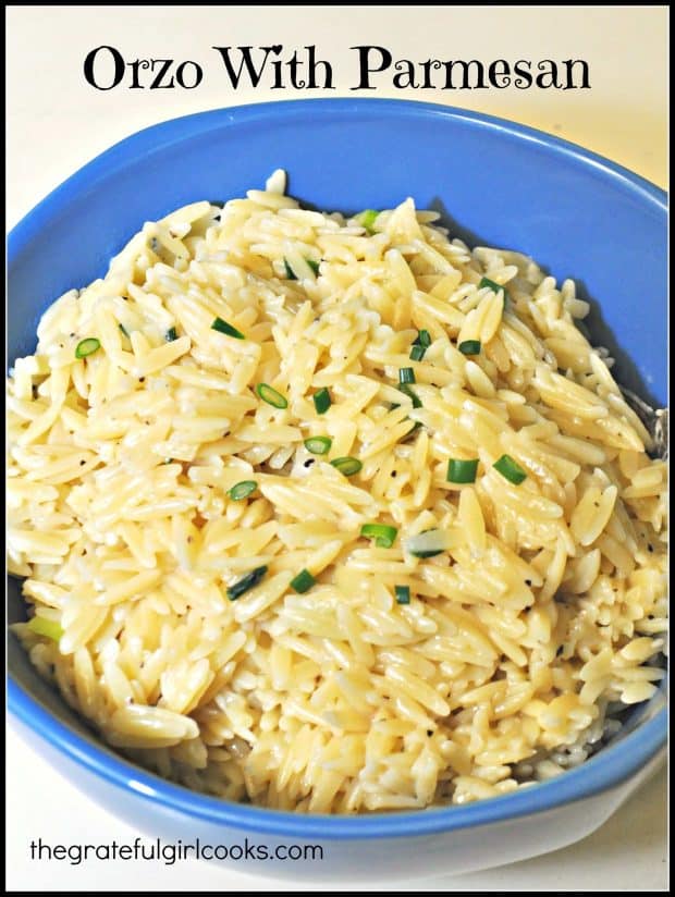 Orzo with Parmesan cheese is a simple, inexpensive and delicious side dish you will really enjoy! It is a perfect accompaniment for beef, pork, poultry or fish!